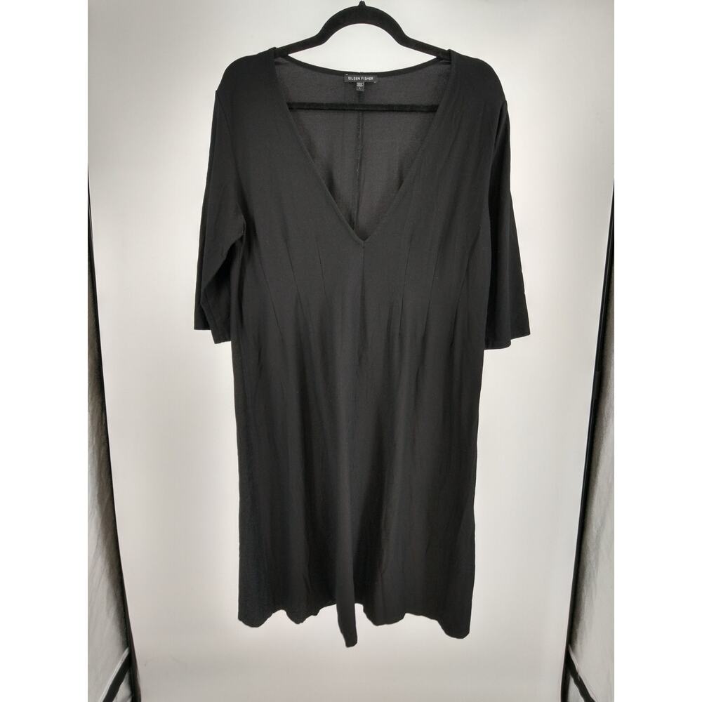 Eileen Fisher A-Line Dress L Deep V-Neck 3/4 Sleeve‎ Crepe Stretch Casual Black